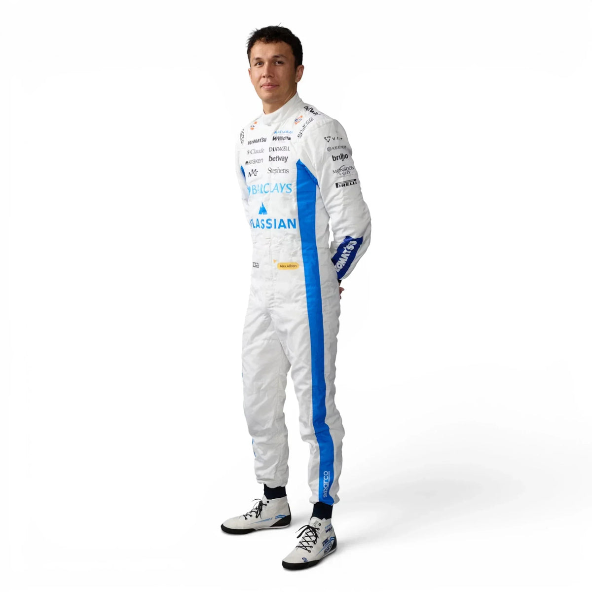 Alexander Albon 2026 Williams F1 Inspired Race Suit in Williams Blue, Front view showing printed sponsor logos, by Trending Racegear
