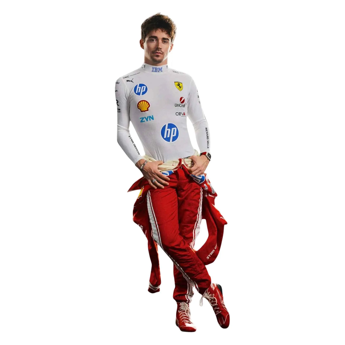 Charles Leclerc 2026 Ferrari F1 Inspired Race Suit in Ferrari Red, Back view showing printed sponsor logos, by Trending Racegear