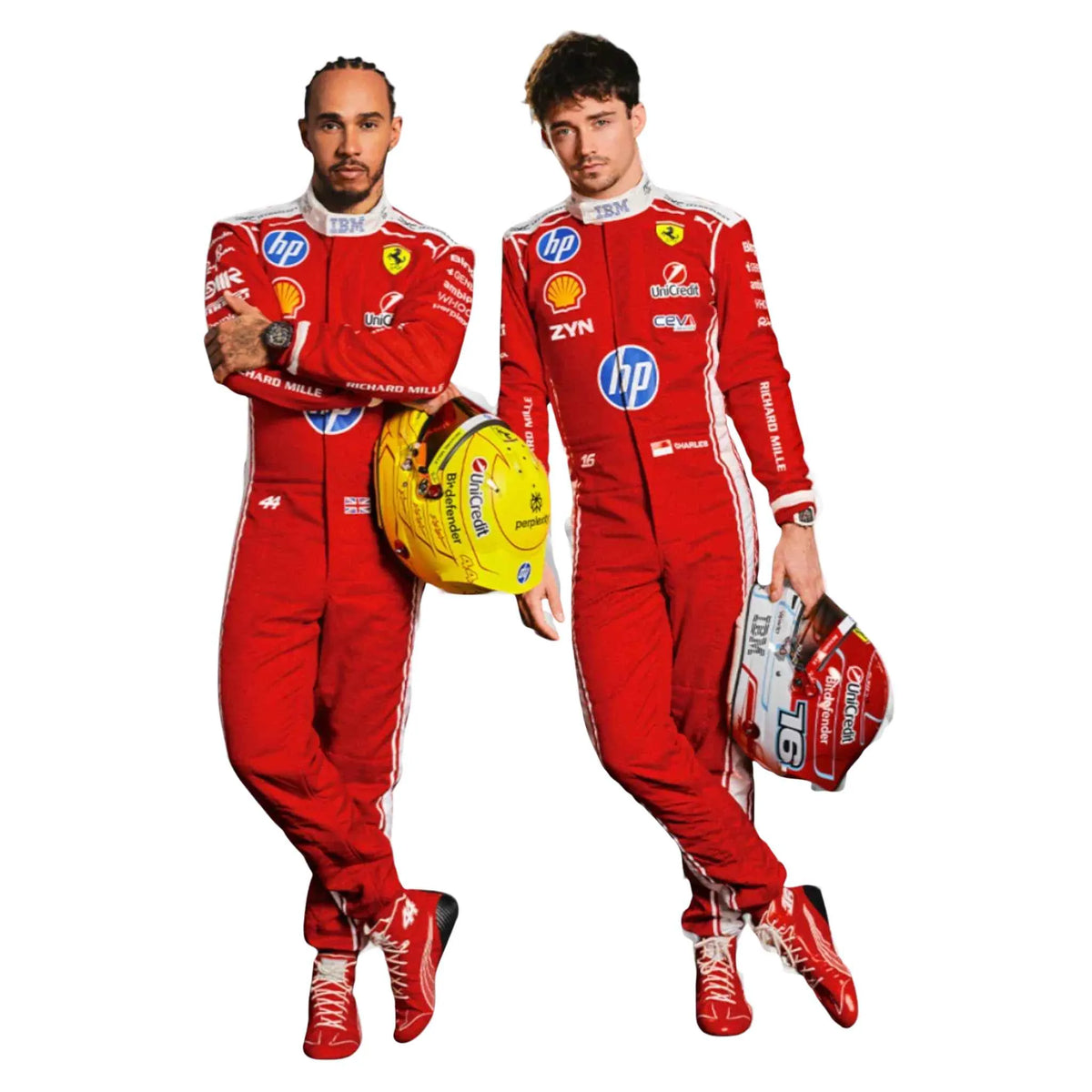 Charles Leclerc 2026 Ferrari F1 Inspired Race Suit in Ferrari Red, Front view showing printed sponsor logos, by Trending Racegear