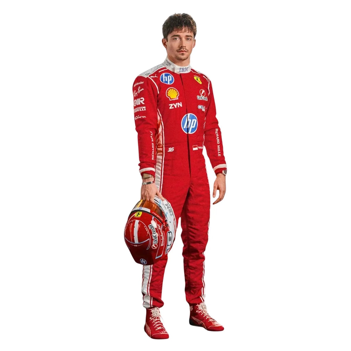 Charles Leclerc 2026 Ferrari F1 Inspired Race Suit in Ferrari Red, Side view showing printed sponsor logos, by Trending Racegear