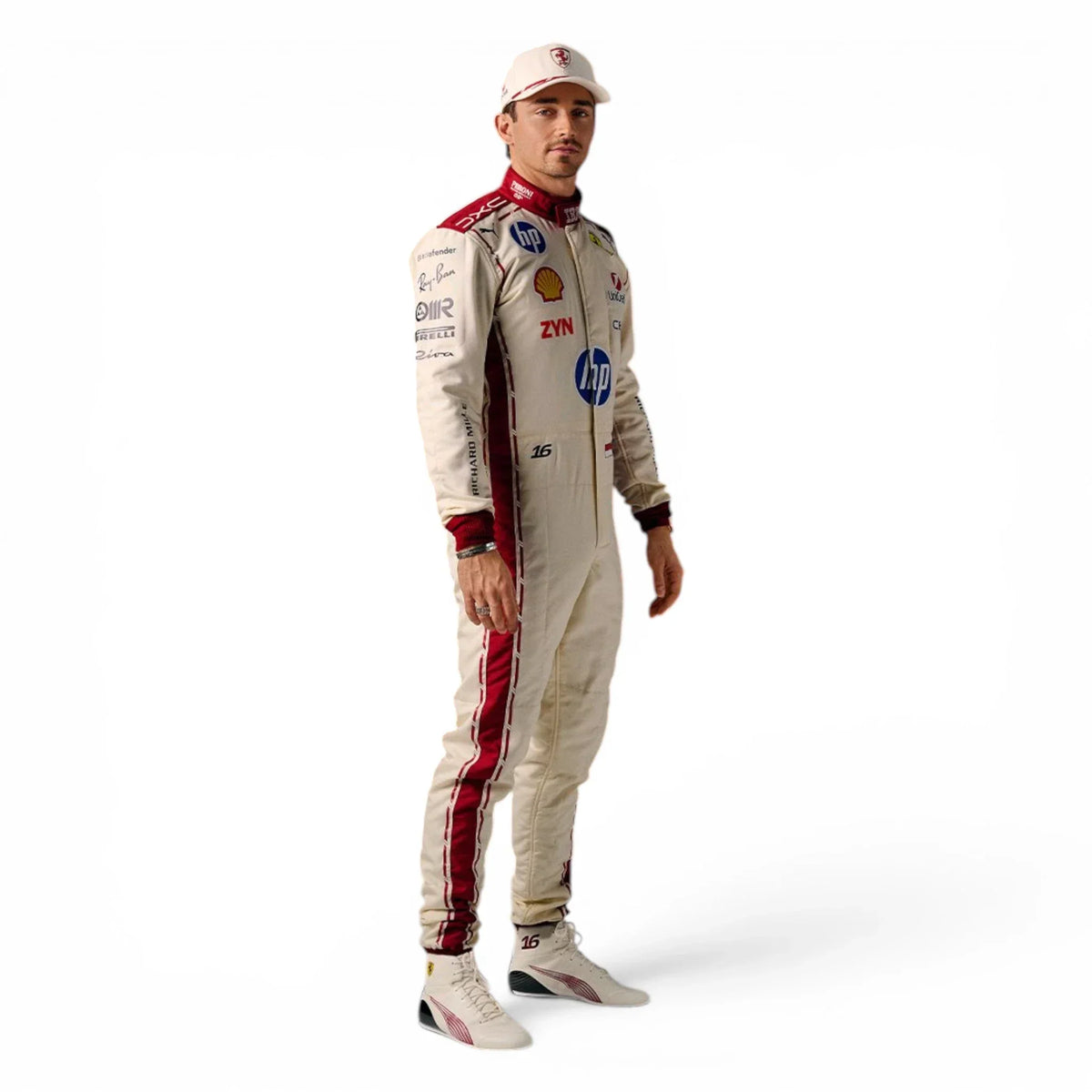 Charles Leclerc 2026 Monaco Grand Prix Ferrari F1 Inspired Race Suit in Ferrari Red, Detail view showing printed sponsor logos, by Trending Racegear