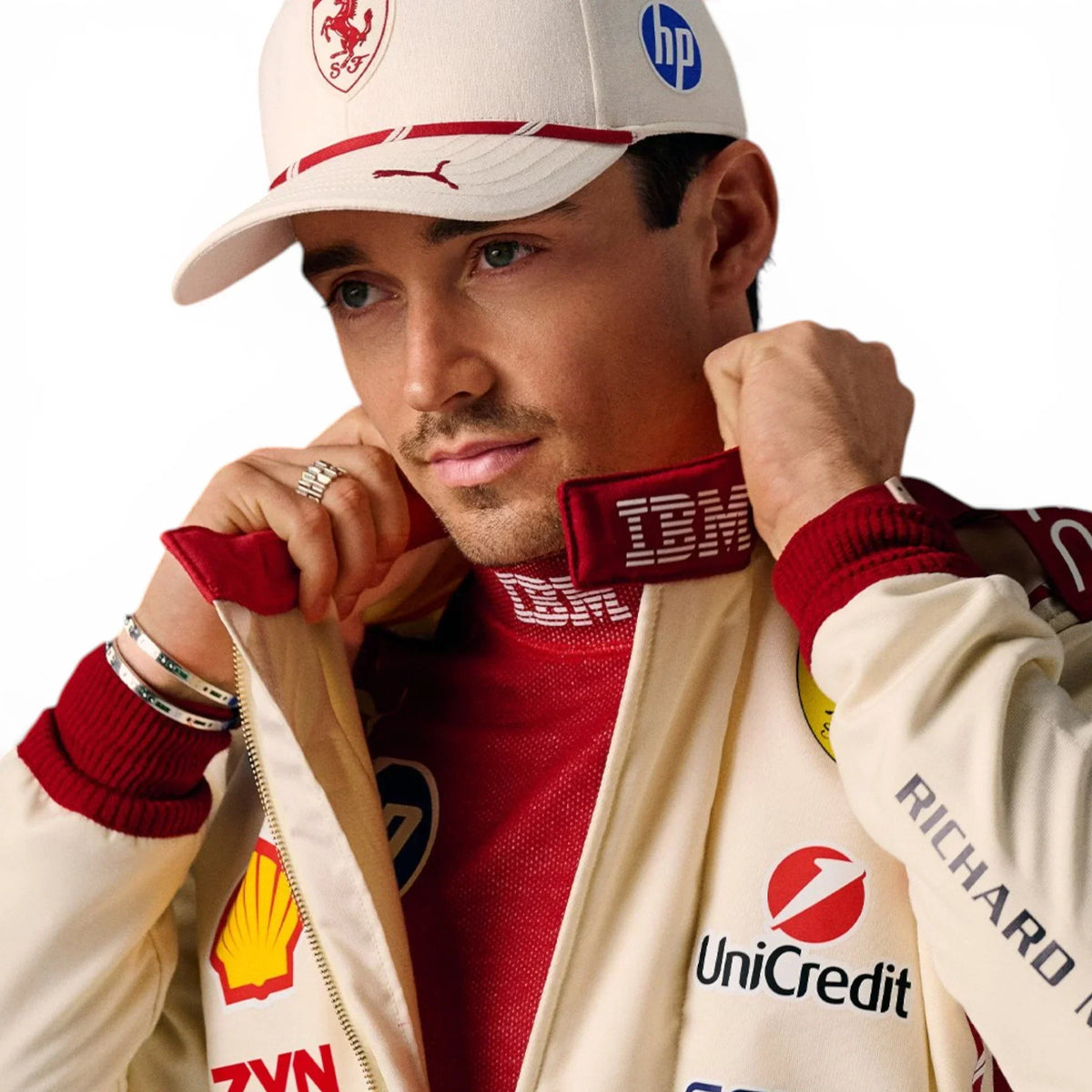 Charles Leclerc 2026 Monaco Grand Prix Ferrari F1 Inspired Race Suit in Ferrari Red, Front view 2 showing printed sponsor logos, by Trending Racegear