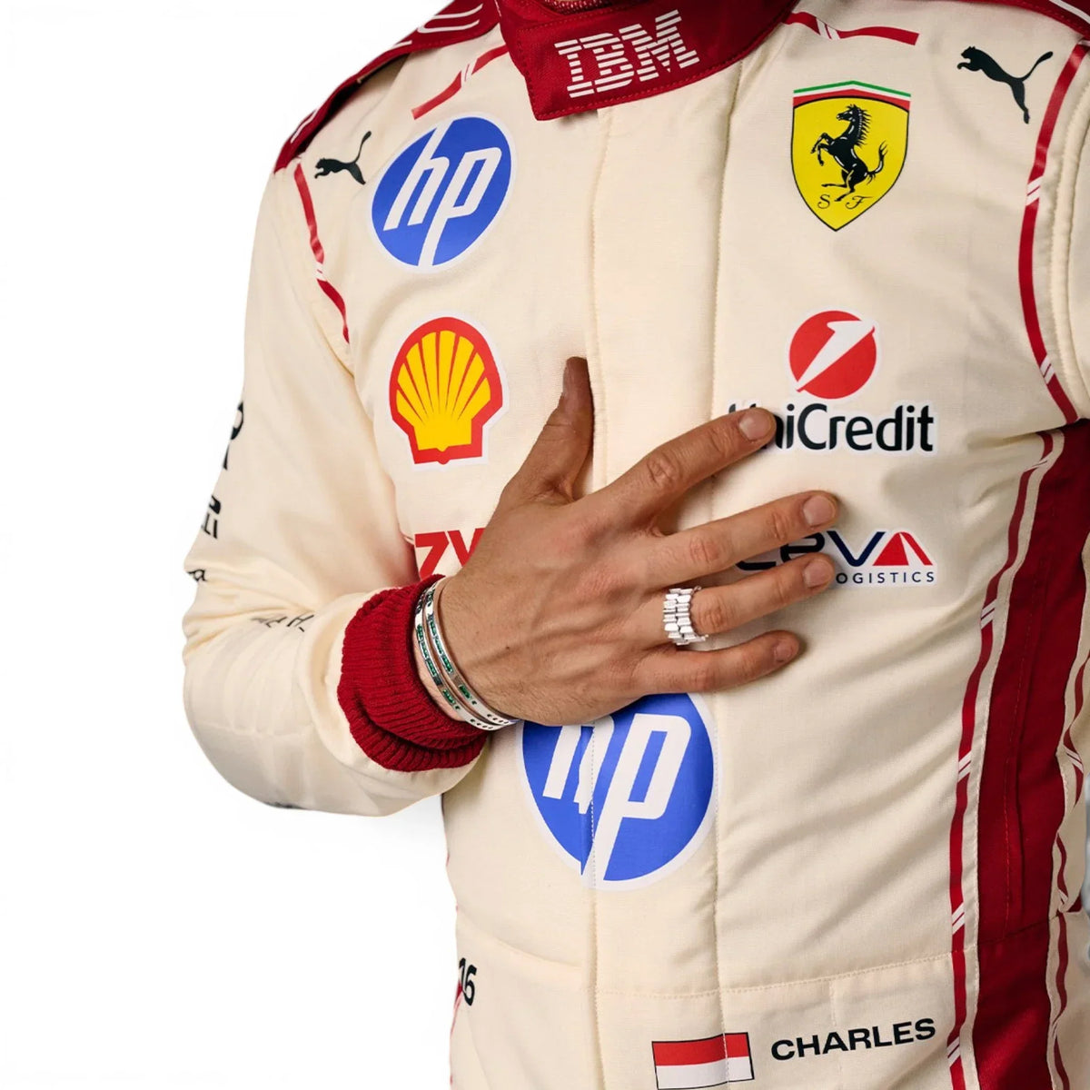 Charles Leclerc 2026 Monaco Grand Prix Ferrari F1 Inspired Race Suit in Ferrari Red, Side view showing printed sponsor logos, by Trending Racegear