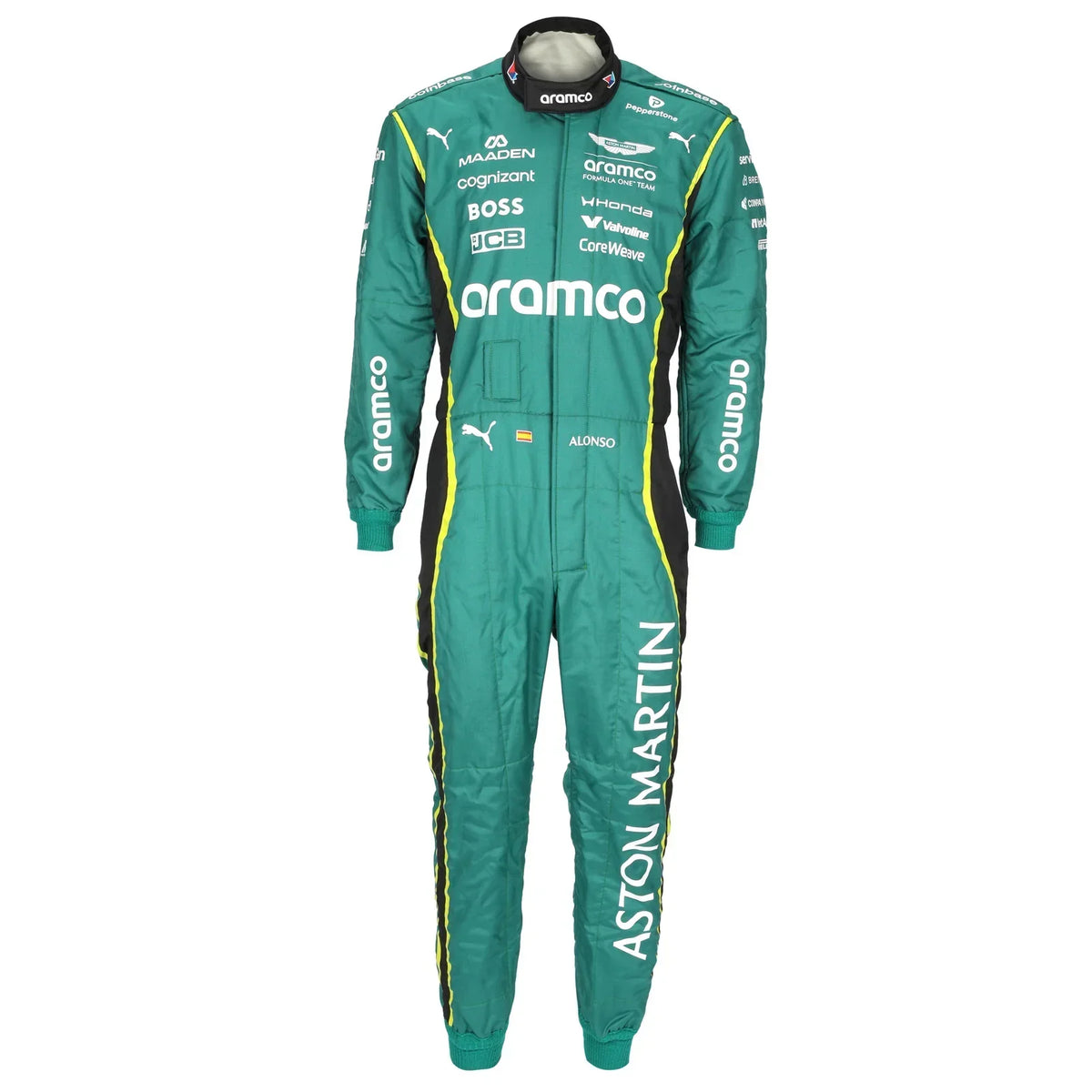 Front view of Fernando Alonso’s green 2026 Aston Martin Aramco F1 race suit – Trending Racegear.