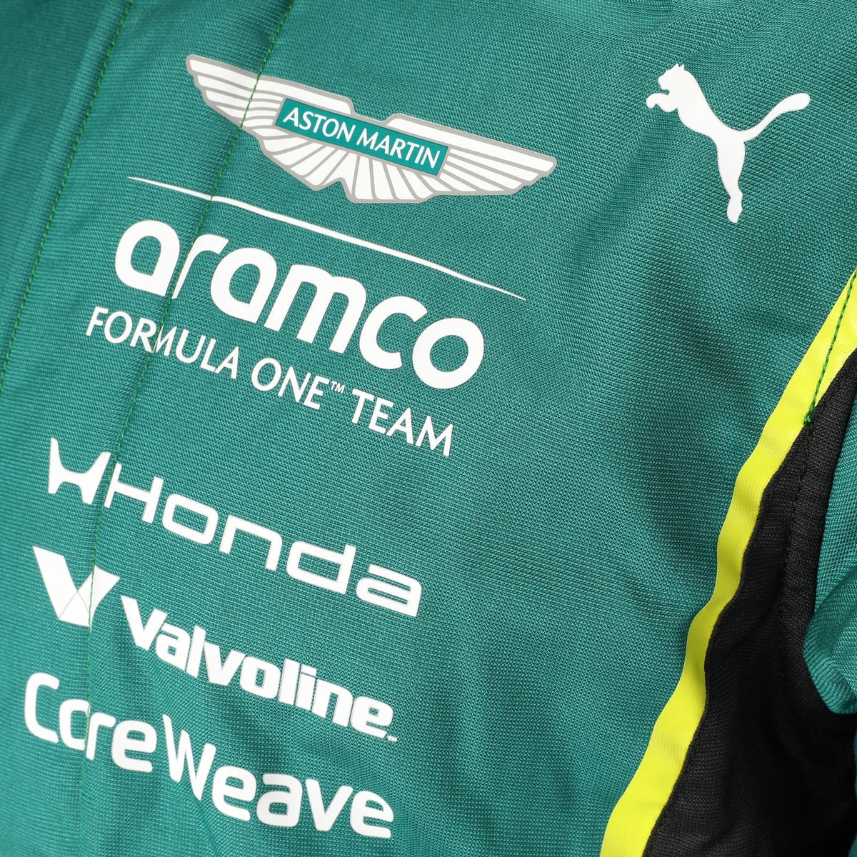  Aston Martin, Aramco and Honda chest logos on the green 2026 F1 race suit – Trending Racegear.