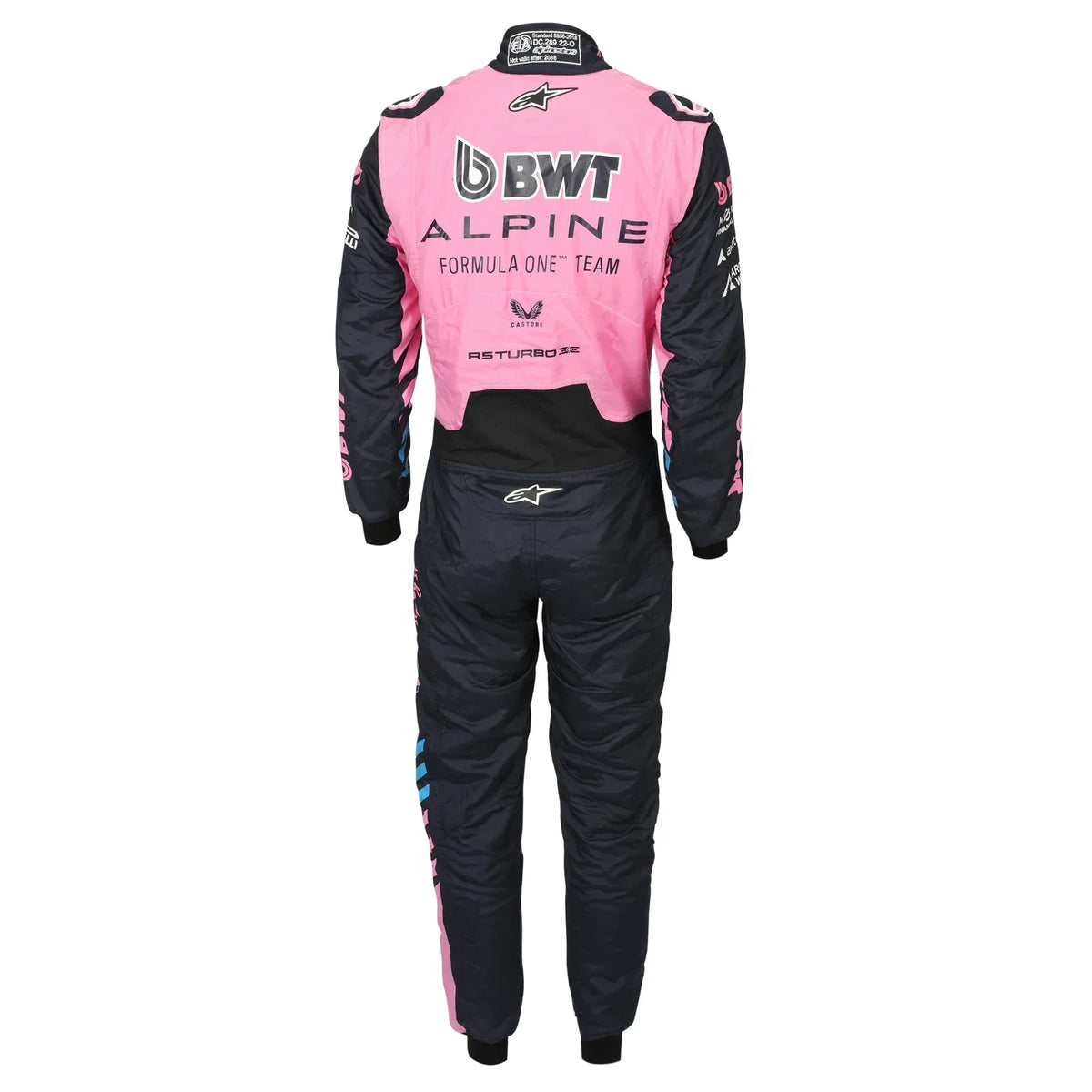 Back view of Franco Colapinto’s 2026 BWT Alpine F1 race suit in pink and navy – Trending Racegear.