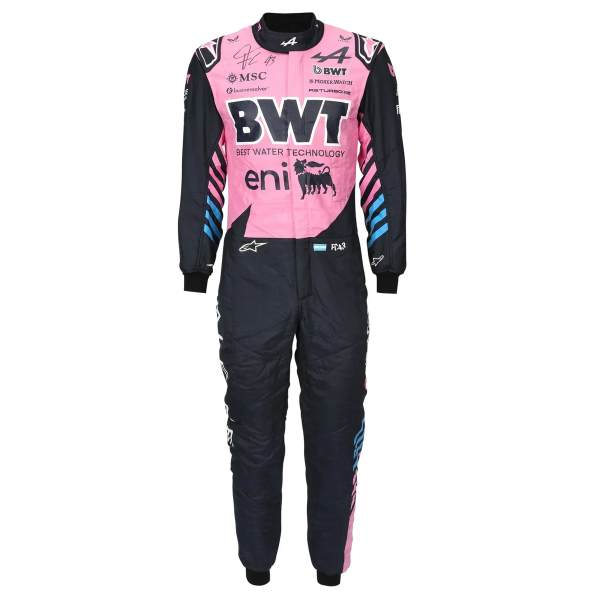 Front view of Franco Colapinto’s signed 2026 pink BWT Alpine F1 race suit – Trending Racegear.