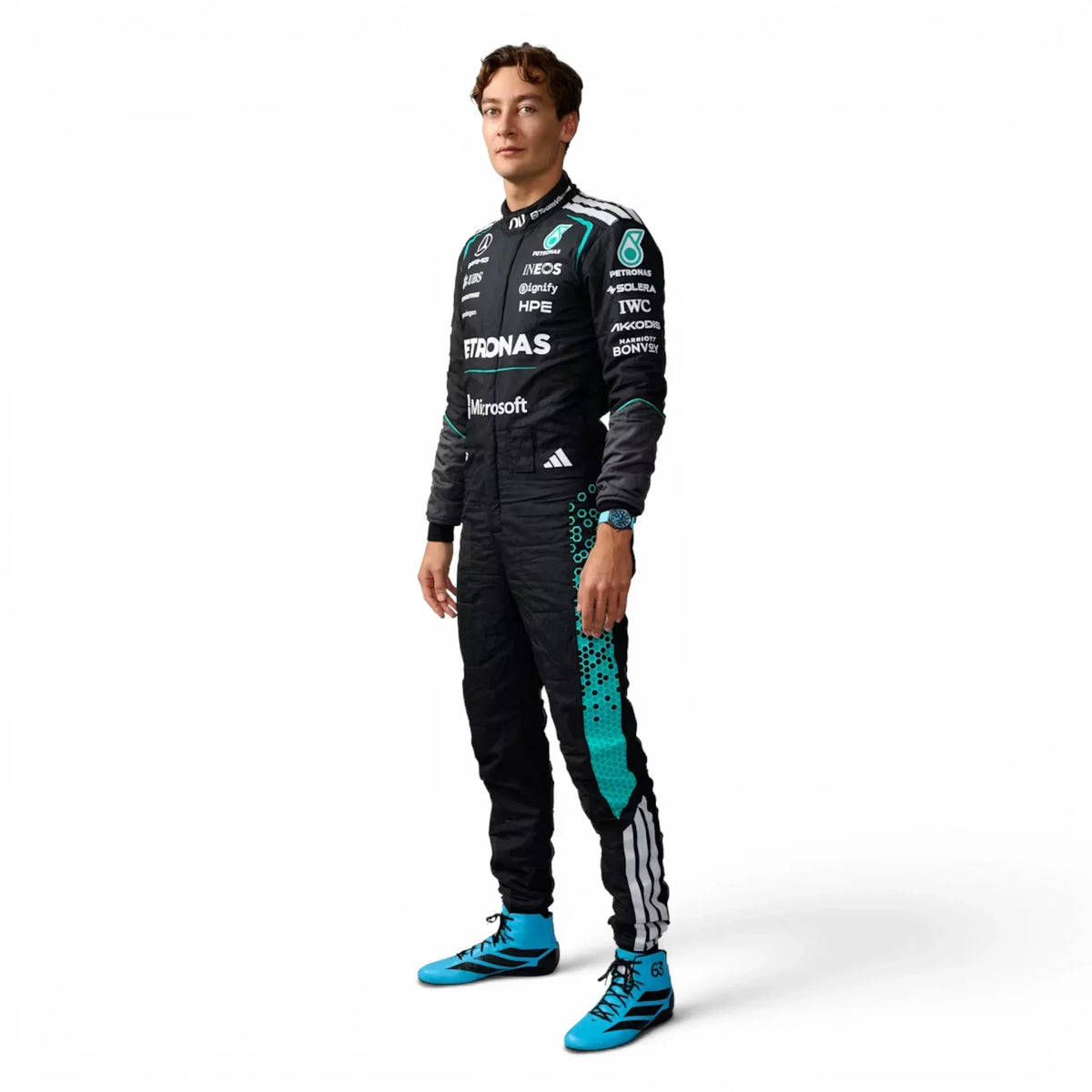 George Russell 2026 Mercedes F1 Inspired Race Suit in Silver, Front view showing printed sponsor logos, by Trending Racegear