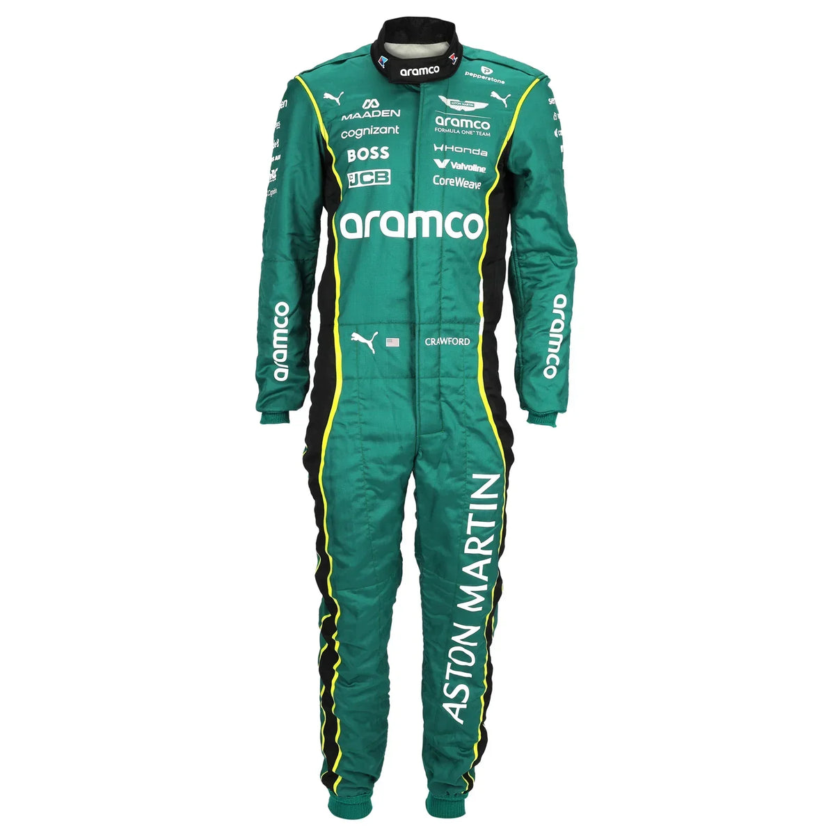 Front view of Jak Crawford’s green 2026 Aston Martin Aramco F1 race suit – Trending Racegear.