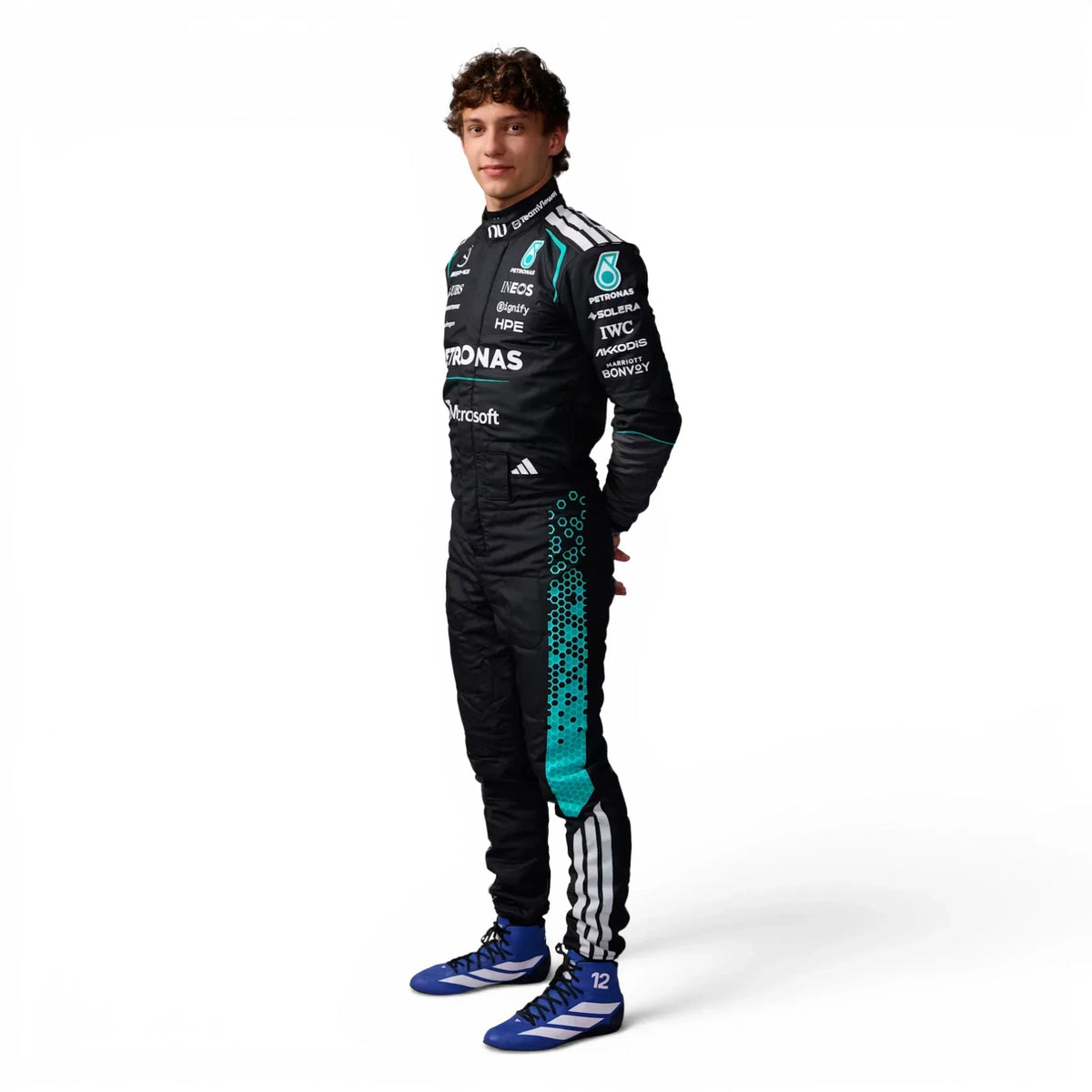 Kimi Antonelli 2026 Mercedes F1 Inspired Race Suit in Silver, Front view showing printed sponsor logos, by Trending Racegear