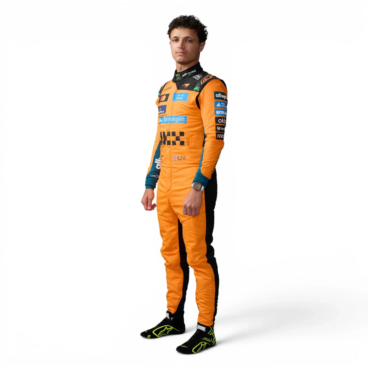 Lando Norris 2026 McLaren F1 Inspired Race Suit in Papaya Orange, Front view showing printed sponsor logos, by Trending Racegear