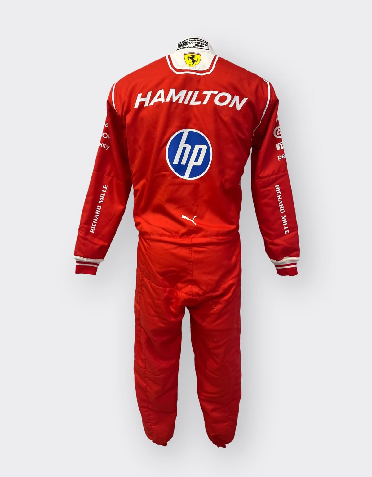 Front of Lewis Hamilton’s 2026 Ferrari HP replica F1 race suit with number 44 – Trending Racegear.