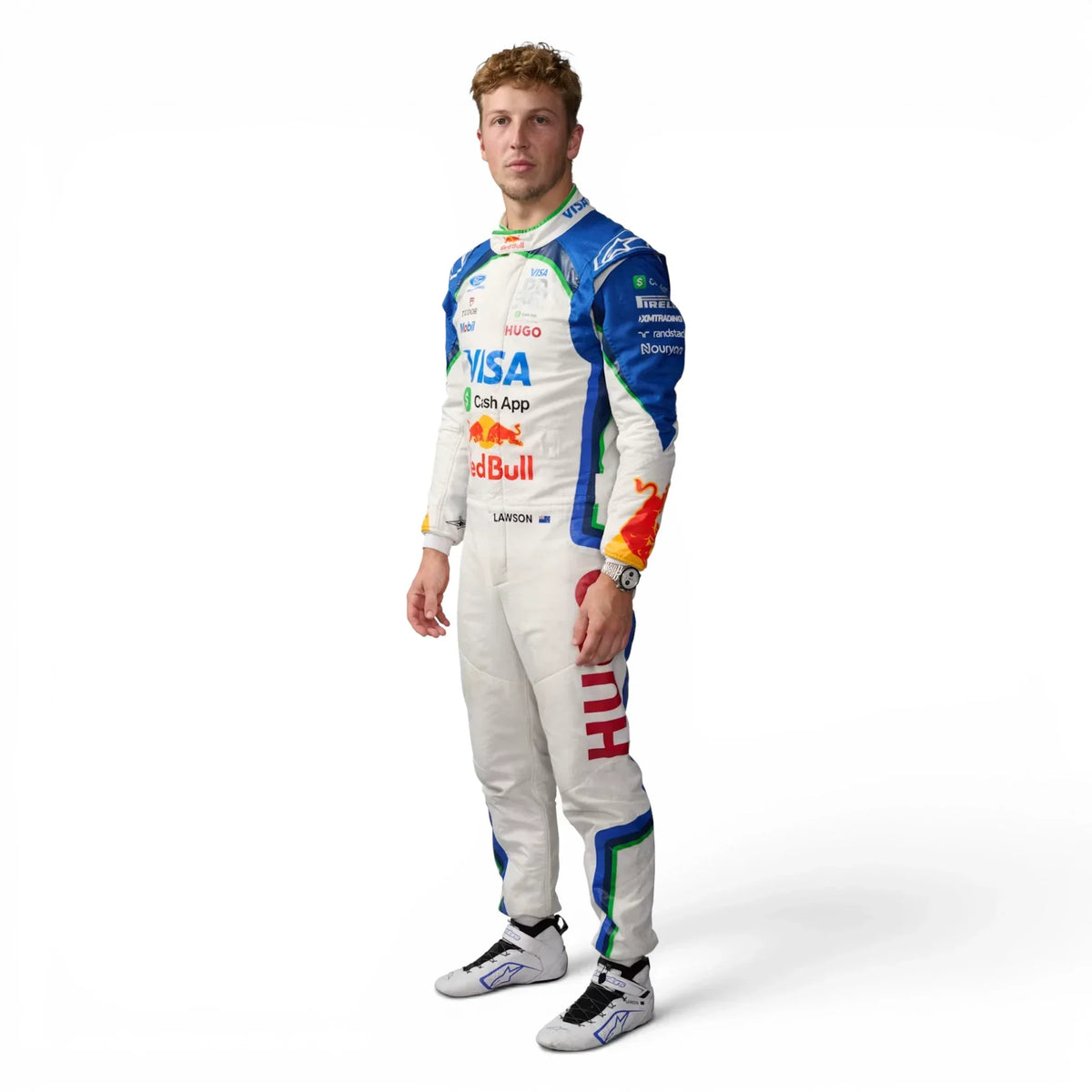 Liam Lawson 2026 Red Bull Racing F1 Inspired Race Suit in Navy Blue, Front view showing printed sponsor logos, by Trending Racegear