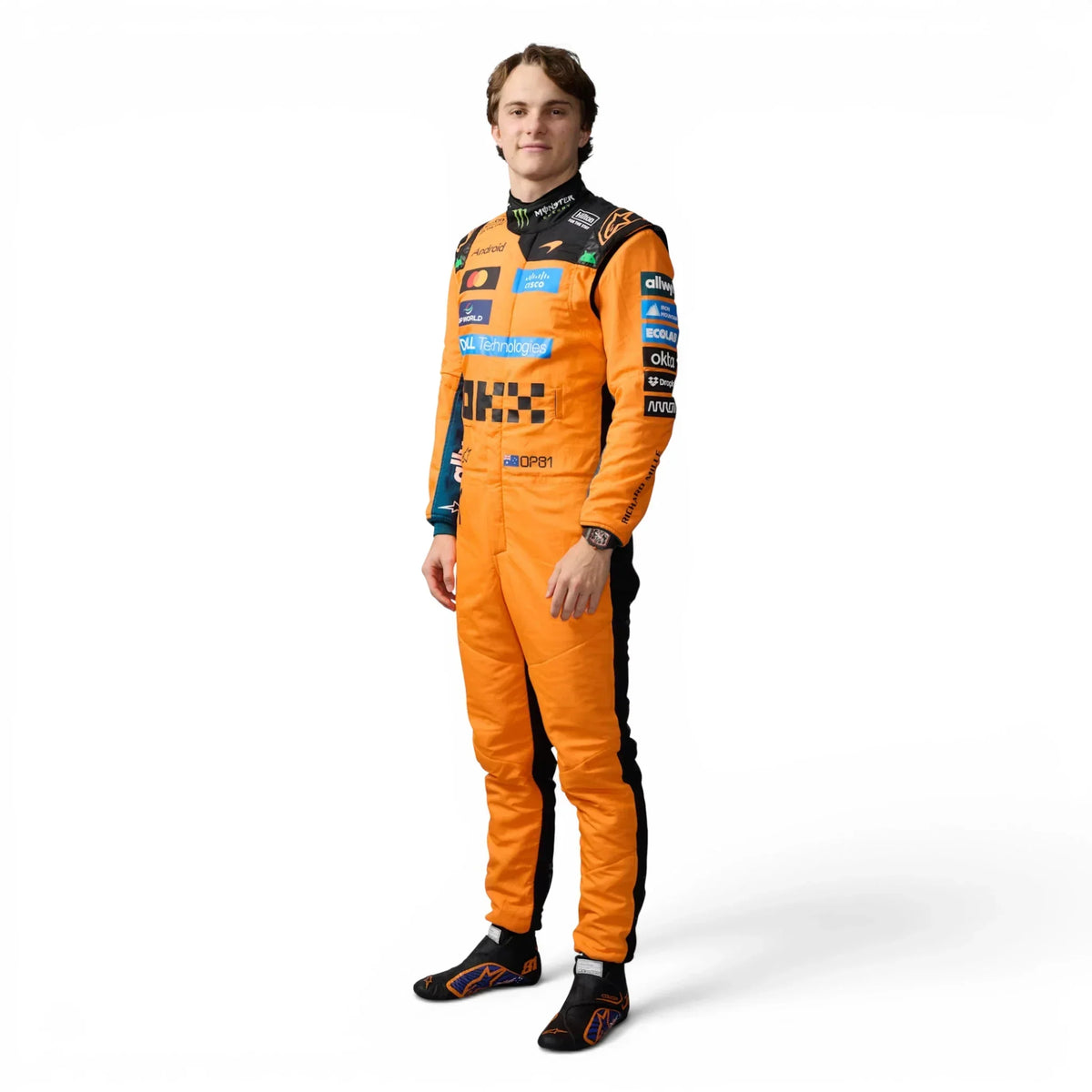 Oscar Piastri 2026 McLaren F1 Inspired Race Suit in Papaya Orange, Front view showing printed sponsor logos, by Trending Racegear