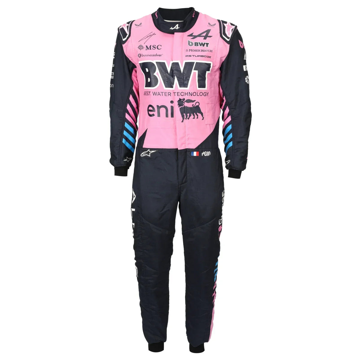 Front view of Pierre Gasly’s signed 2026 pink BWT Alpine F1 race suit – Trending Racegear.